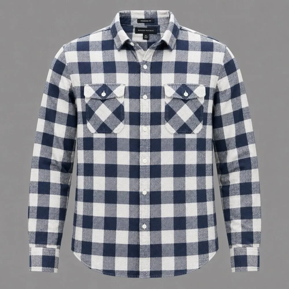 Banana Republic Flannel Shirt Men’s Medium Blue Buffalo Plaid 100% Cotton